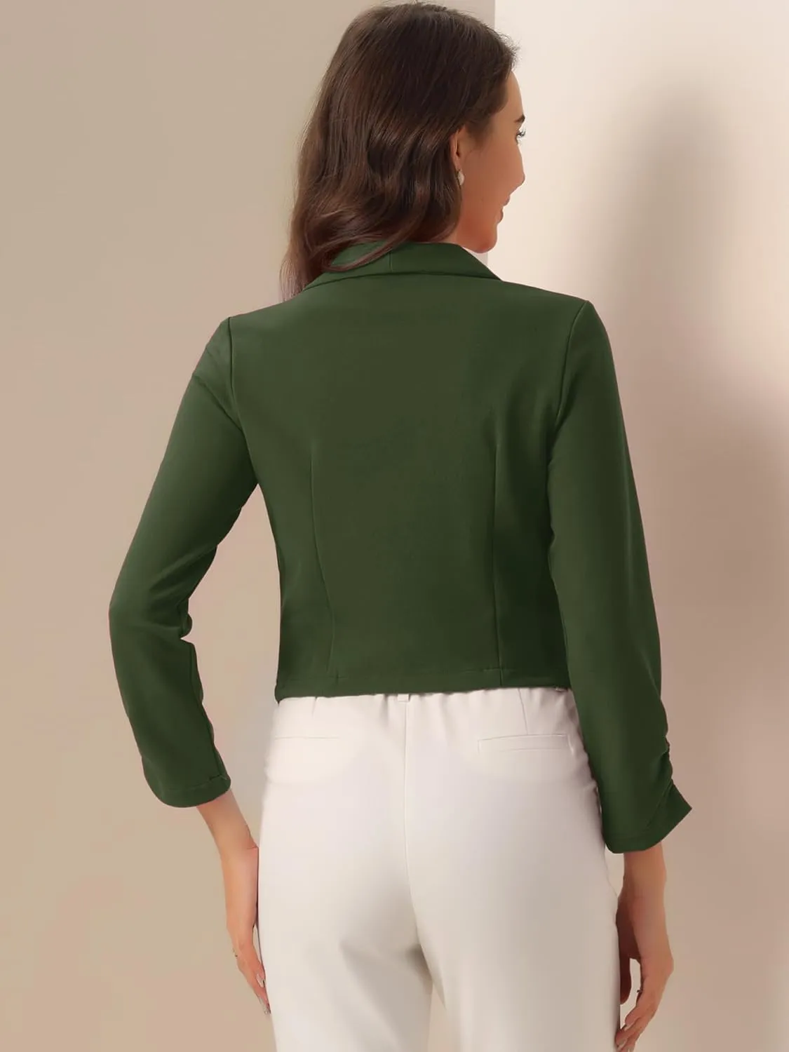 Allegra K Women's Notched Lapel Ruched Sleeve Jackets Business Cropped Blazer