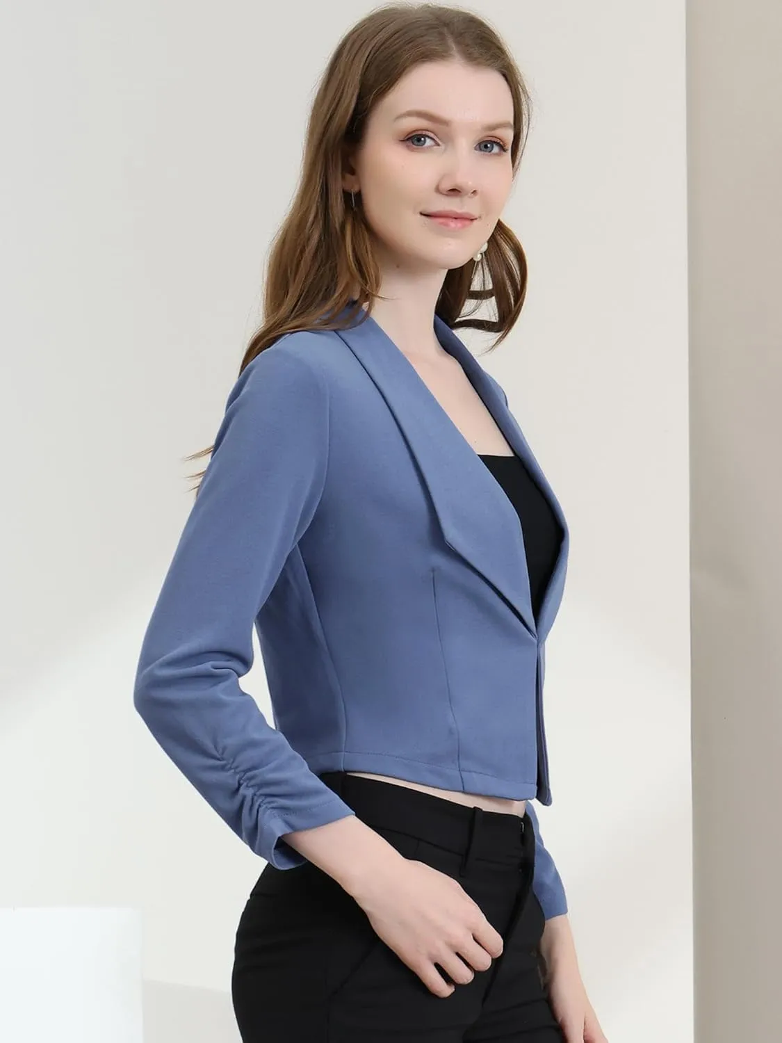 Allegra K Women's Notched Lapel Ruched Sleeve Jackets Business Cropped Blazer