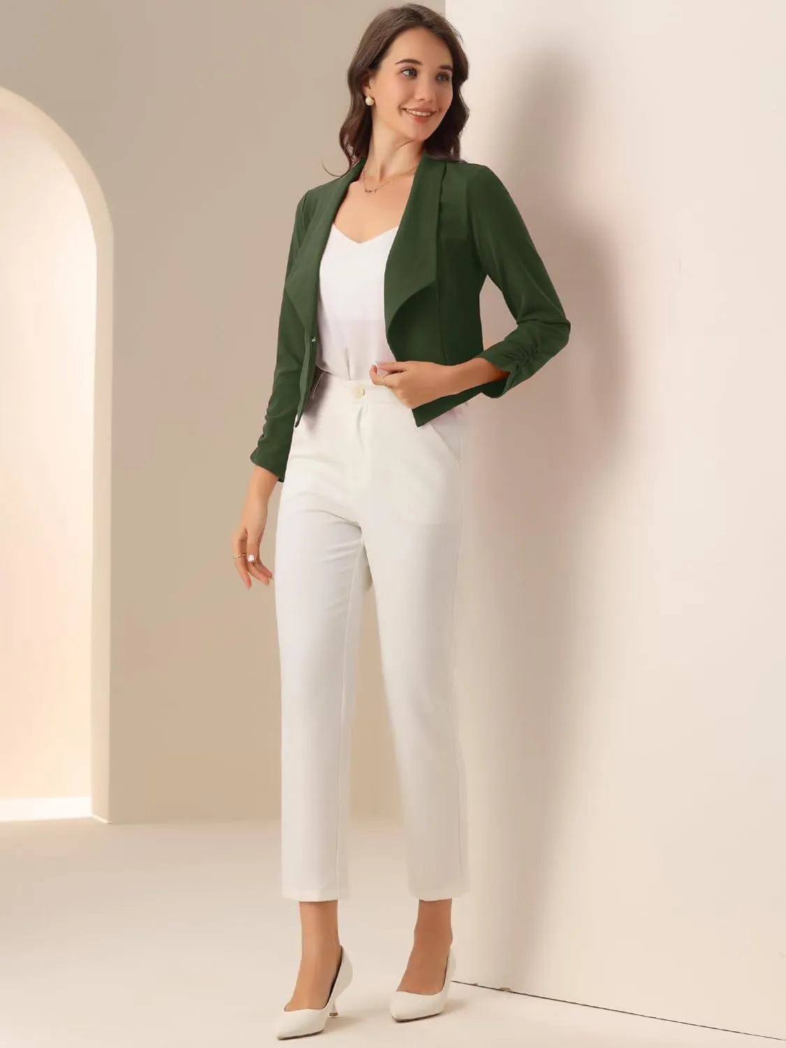 Allegra K Women's Notched Lapel Ruched Sleeve Jackets Business Cropped Blazer