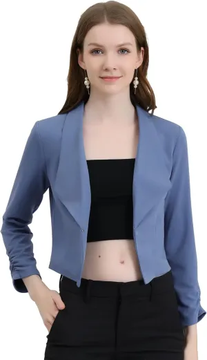 Allegra K Women's Notched Lapel Ruched Sleeve Jackets Business Cropped Blazer