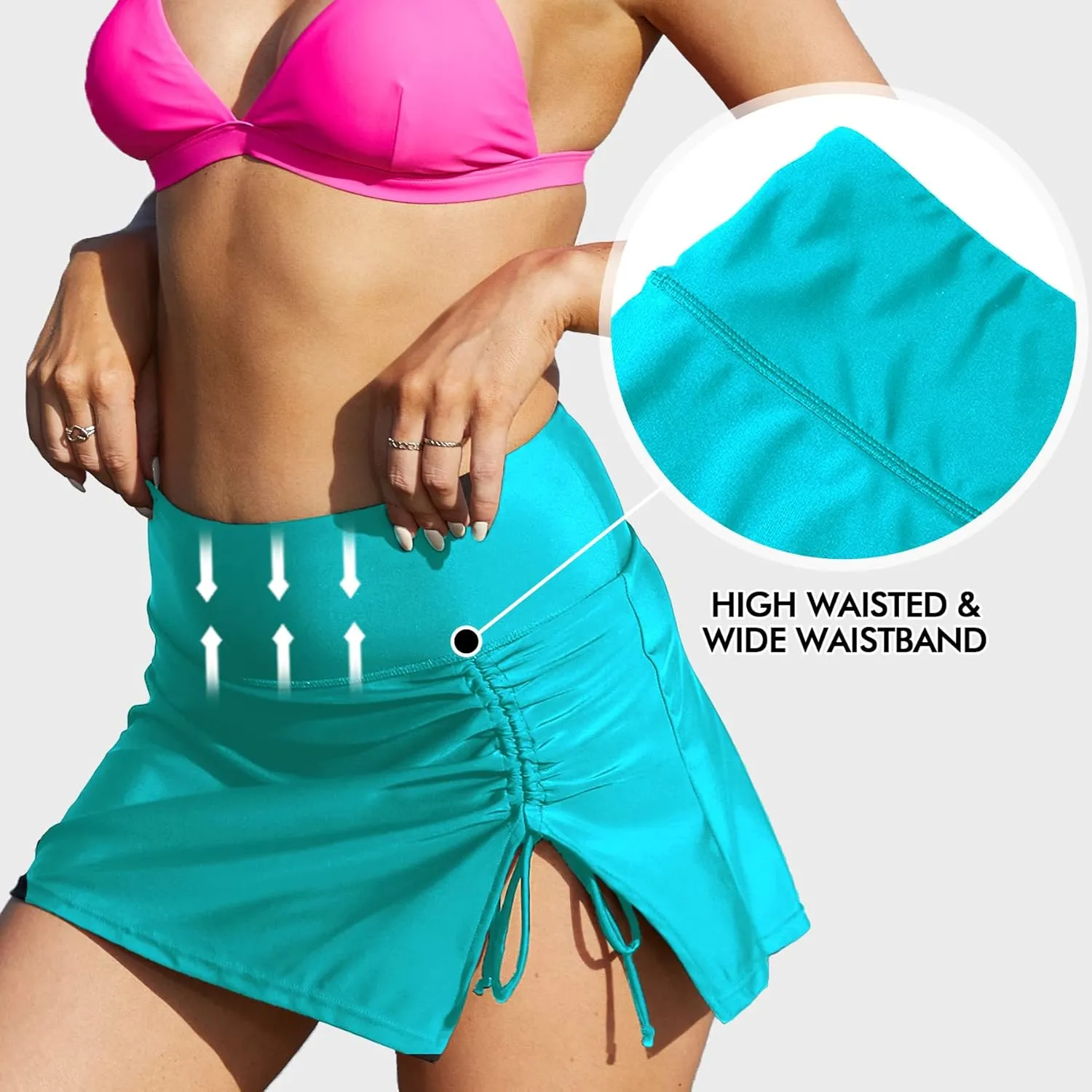 ALove Womens High Waisted Split Swim Skirt Sporty Drawstring Skirted Swim Bottom with Built-in Panty