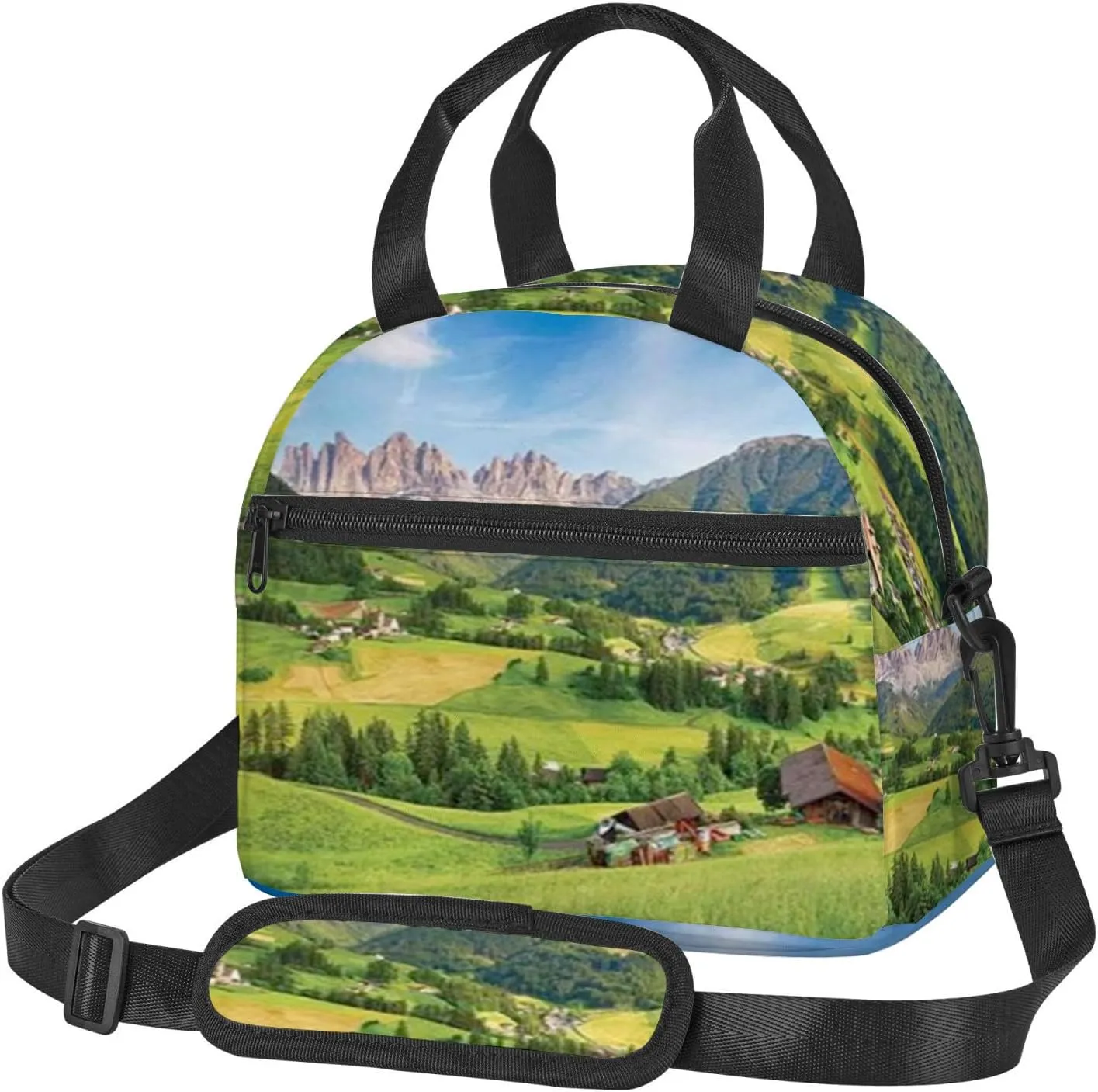 Alps,Insulated Reusable Lunch Bag with Adjustable Shoulder Strap for Adults,Dolomites Alps,Leakproof Office Picnic Hiking Beach Tote Bag,Green,9x5x7.8in
