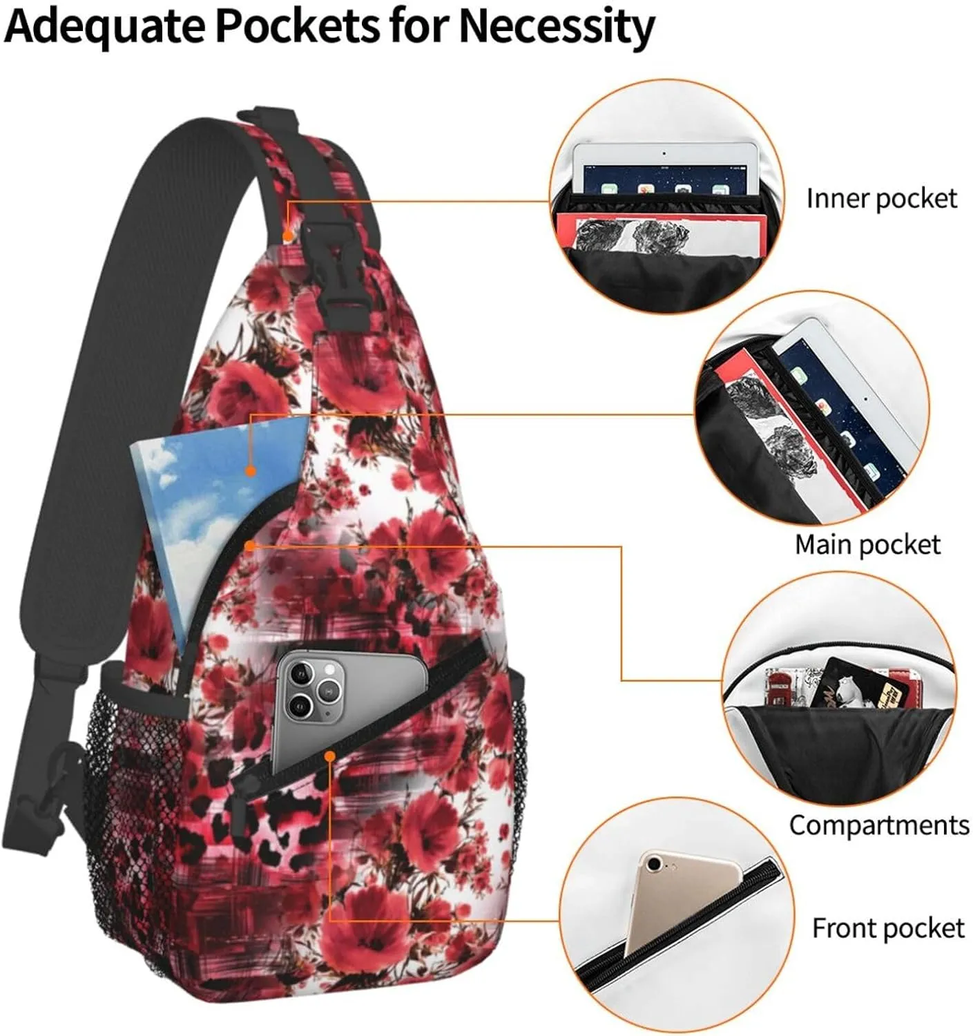 Amazing Colorful Red Abstract Botanical Chest Sling Bag Crossbody Shoulder Backpack Bag Gym Cycling Daypack Travel Hiking Cross Bag