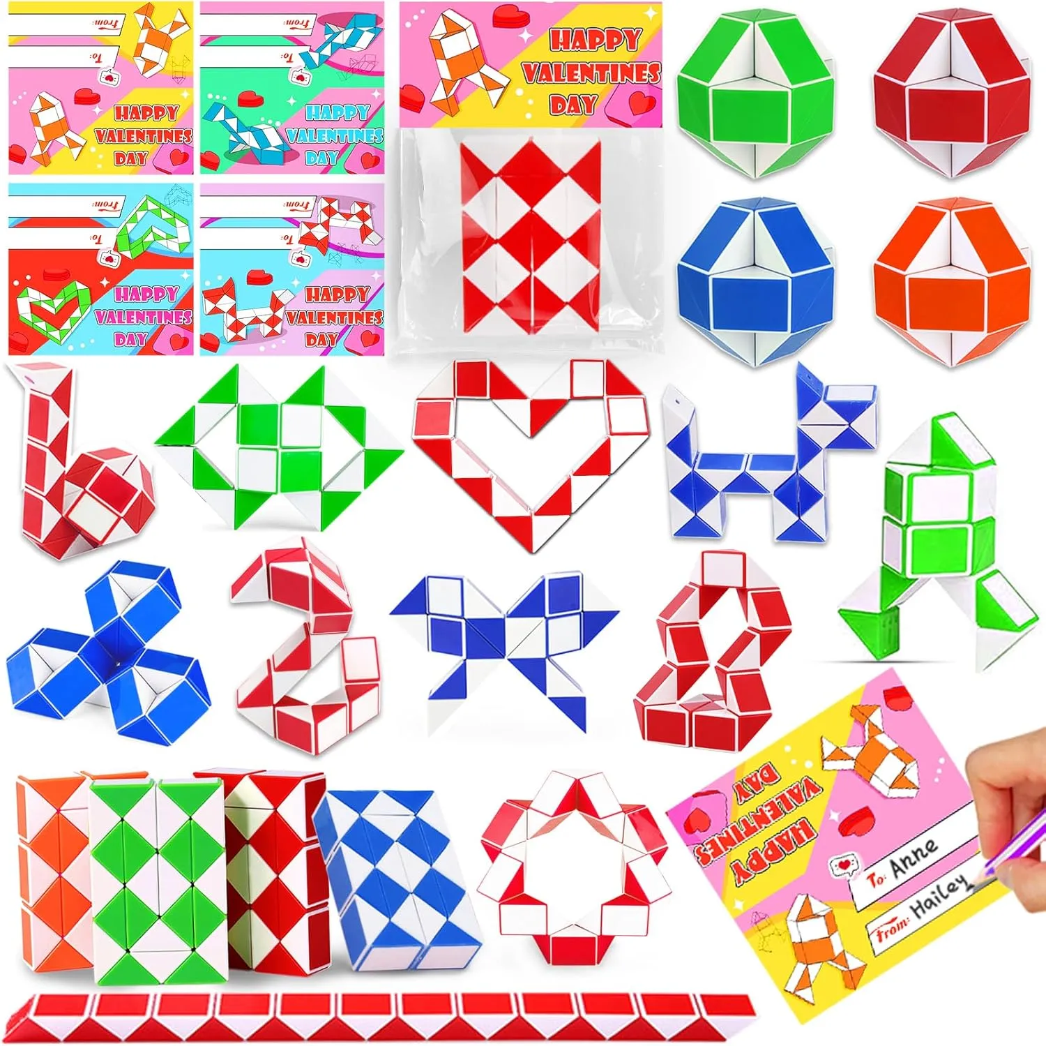 AMENON 28 Pack Valentines Day Gifts for Kids Prefilled Snake Twist Puzzle Toys, Valentines Cards for Classroom Exchange Prizes Stress Relief Fidget Toys for Boys Girls Valentine Party Favors