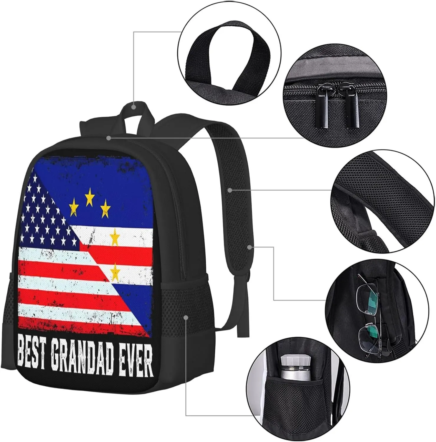 American Cabo Verde Flag Casual Backpack Large Capacity Backpacks 15 Inch Laptop Back Pack Travel Rucksack Daypack Commuter Bags with Adjustable Strap for Camping