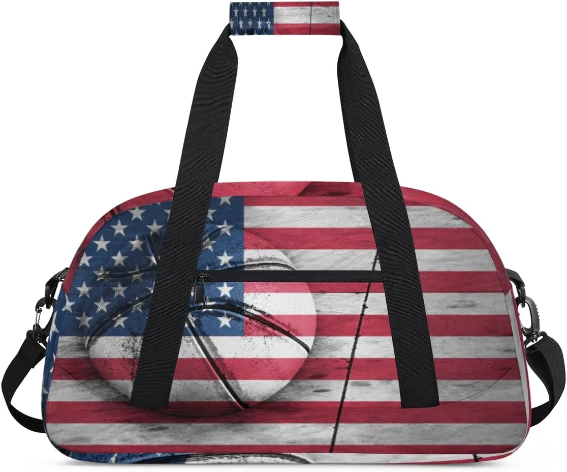 American Flag Gym Duffel Bag for Men Women Basketball Sports Tote Bag with Adjustable Shoulder Strap for Dance Gymnastics Traveling Outdoor Camping Overnight Stay
