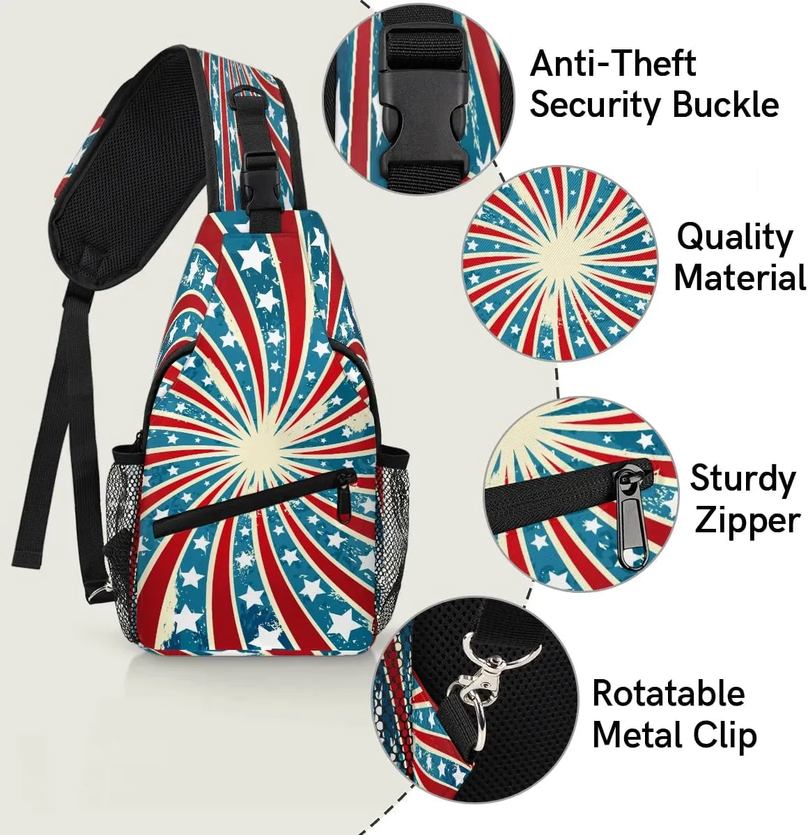 American Flag Swirl Spin Sling Backpack for Women Men Waterproof Antitheft Chest Bag Lightweight Travel Crossbody Shoulder Bag for Shopping Outdoor Leisure Sports Mountaineering Riding