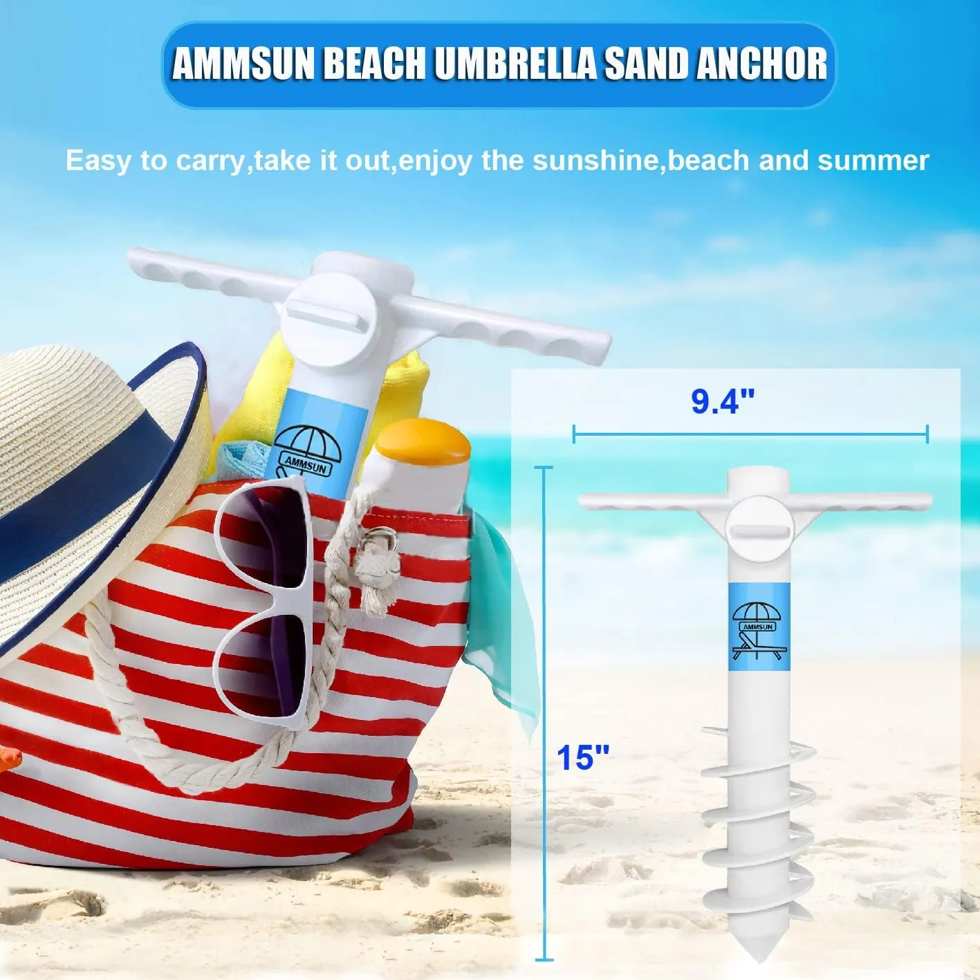 AMMSUN Beach Umbrella Sand Anchor Heavy Duty, Outdoor Umbrellas Base with 5 Spiral Screw, Universal & One Size Fits Most Beach Umbrella, Safe Umbrella Holder Stand Ideal for Strong Winds White