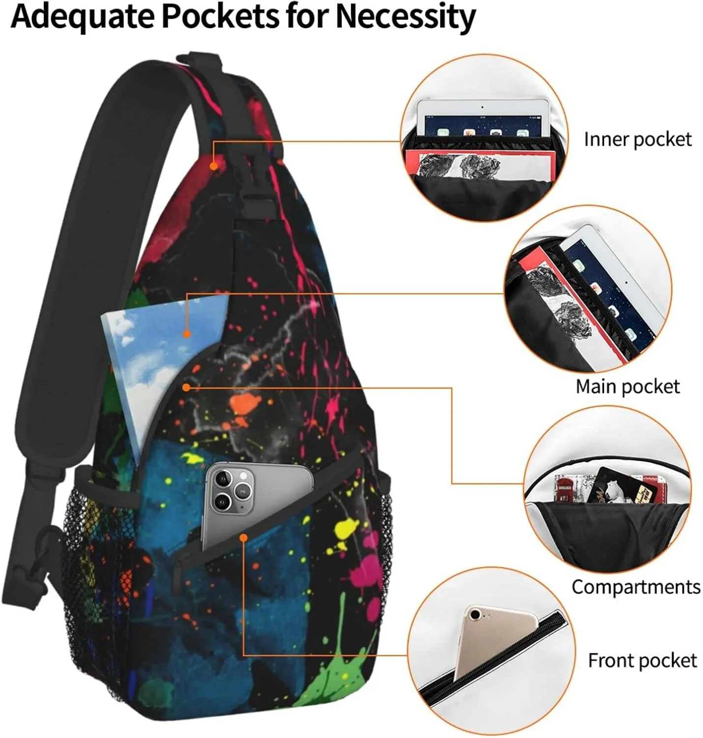AMRANDOM Lightweight Sling Backpack Psychedelic Colorful Graffiti Sling Bag Travel Hiking Small Backpack for Women Men Gifts