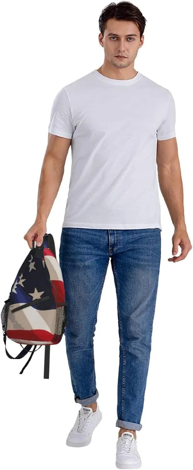 AMRANDOM Sling Backpack Travel Hiking Daypack red blue white American flag Rope Crossbody Shoulder Bag