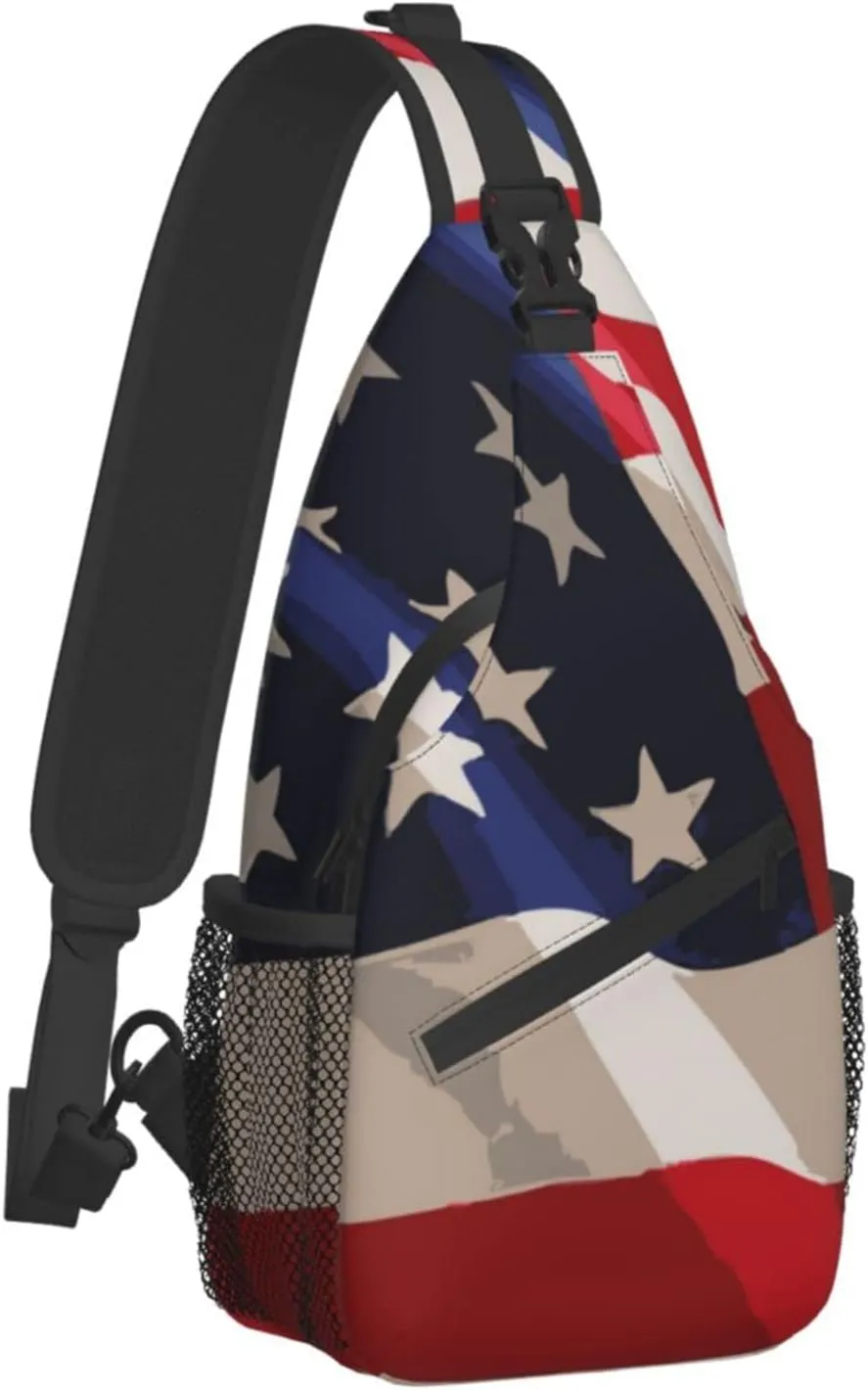 AMRANDOM Sling Backpack Travel Hiking Daypack red blue white American flag Rope Crossbody Shoulder Bag
