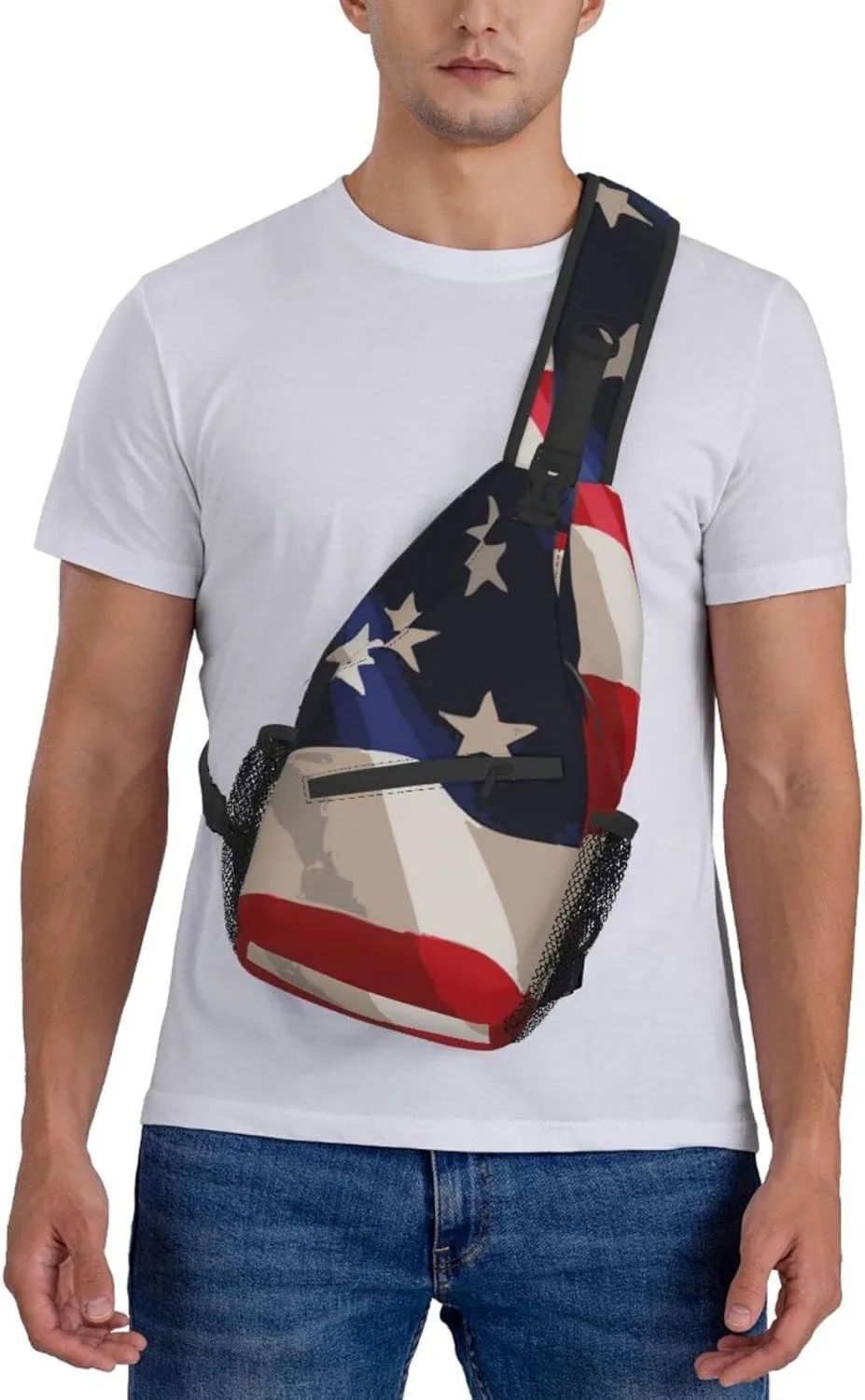 AMRANDOM Sling Backpack Travel Hiking Daypack red blue white American flag Rope Crossbody Shoulder Bag