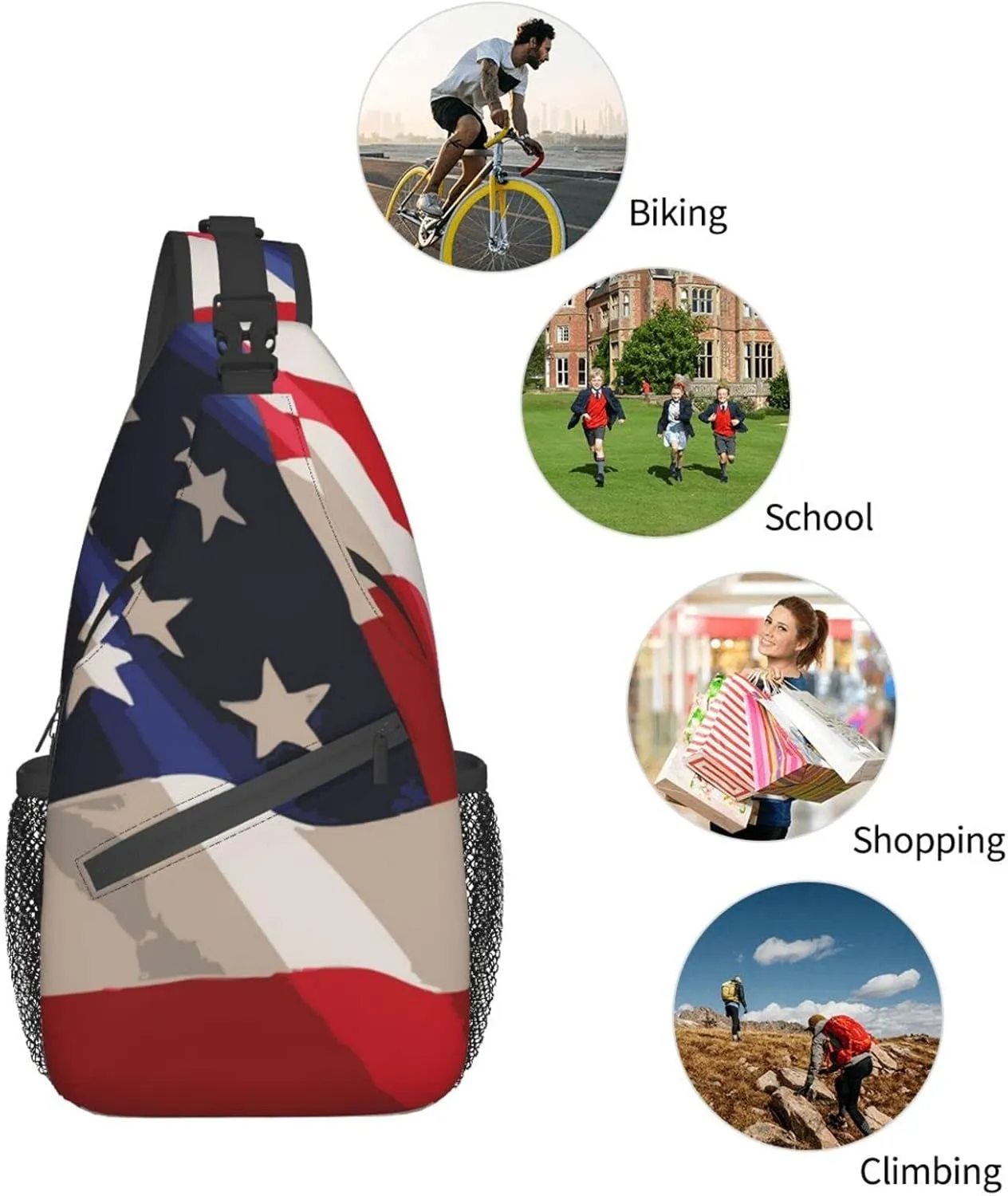 AMRANDOM Sling Backpack Travel Hiking Daypack red blue white American flag Rope Crossbody Shoulder Bag