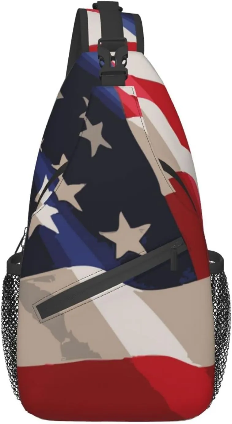 AMRANDOM Sling Backpack Travel Hiking Daypack red blue white American flag Rope Crossbody Shoulder Bag