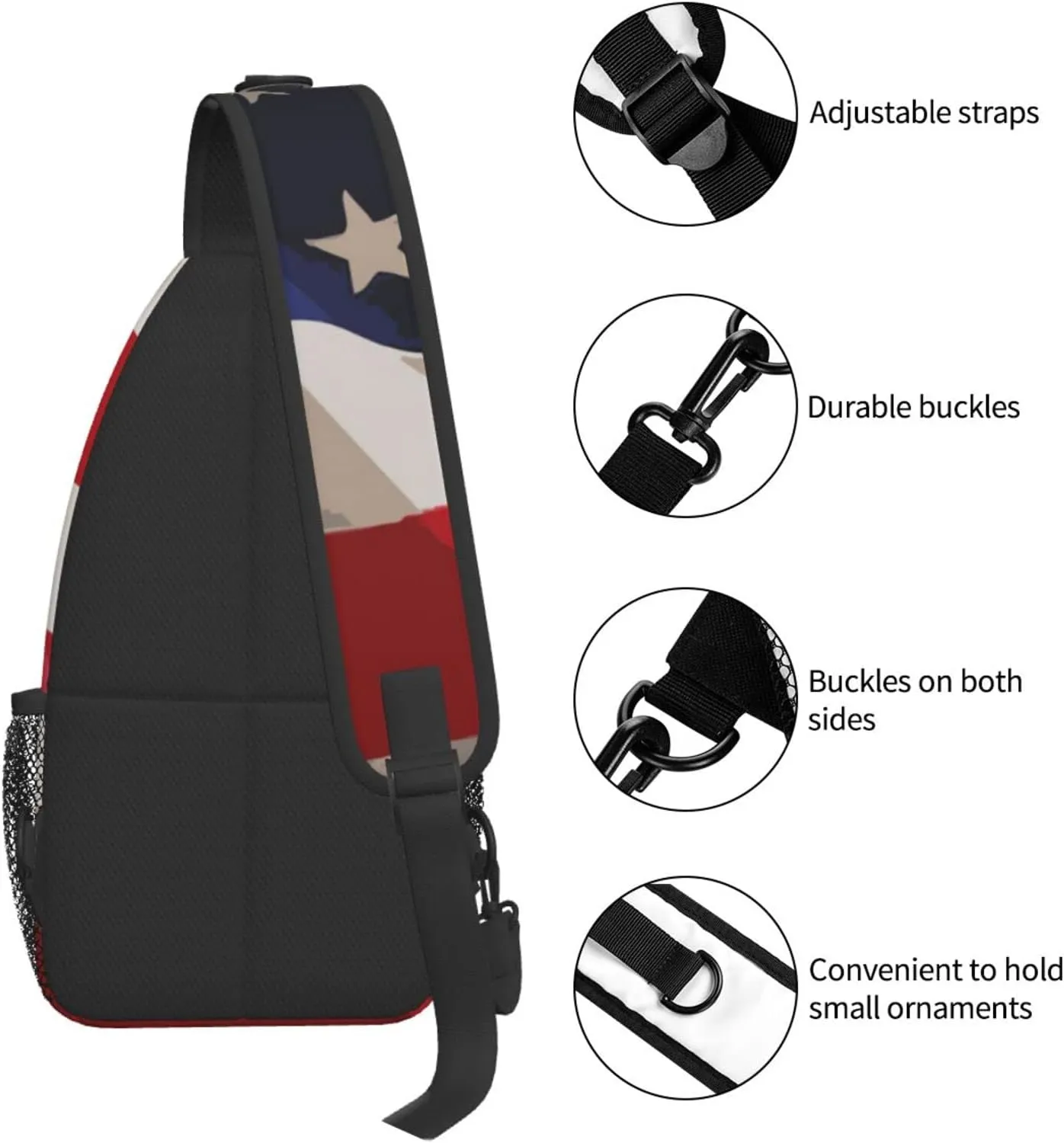 AMRANDOM Sling Backpack Travel Hiking Daypack red blue white American flag Rope Crossbody Shoulder Bag