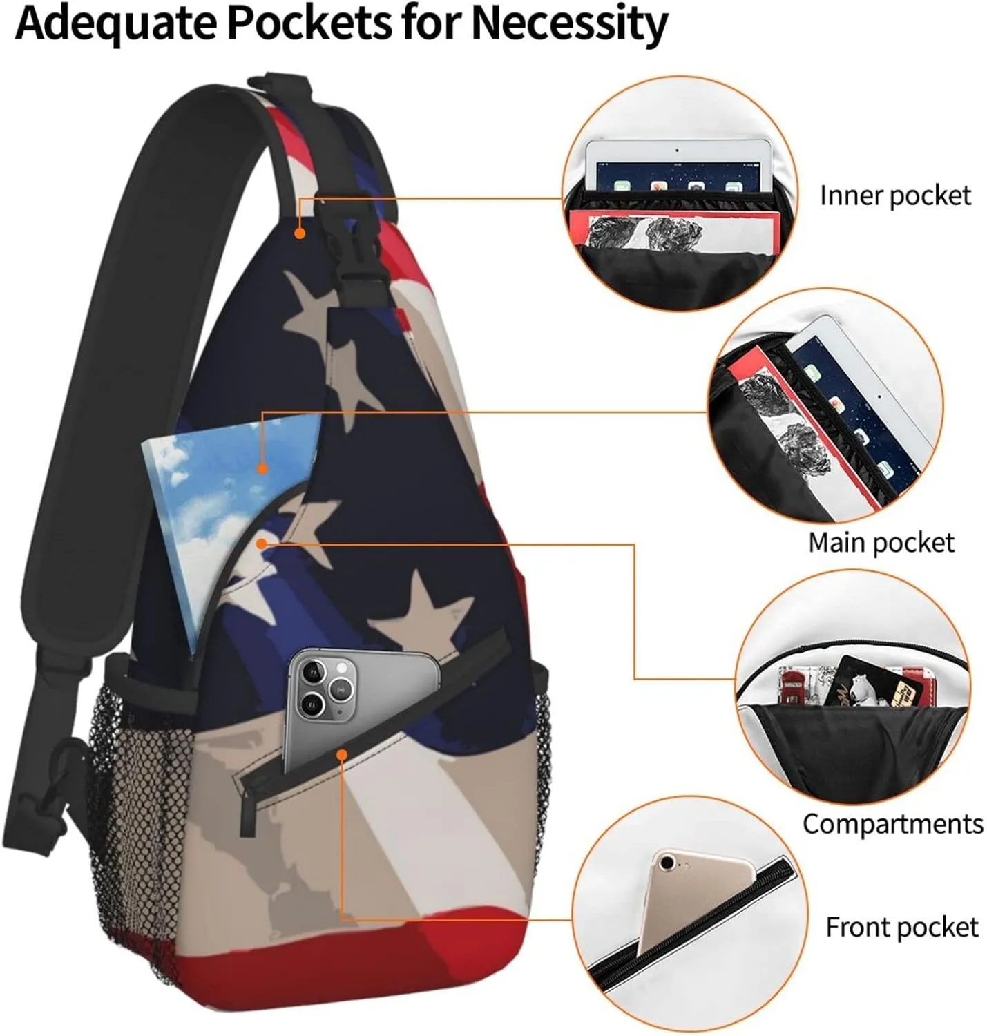 AMRANDOM Sling Backpack Travel Hiking Daypack red blue white American flag Rope Crossbody Shoulder Bag