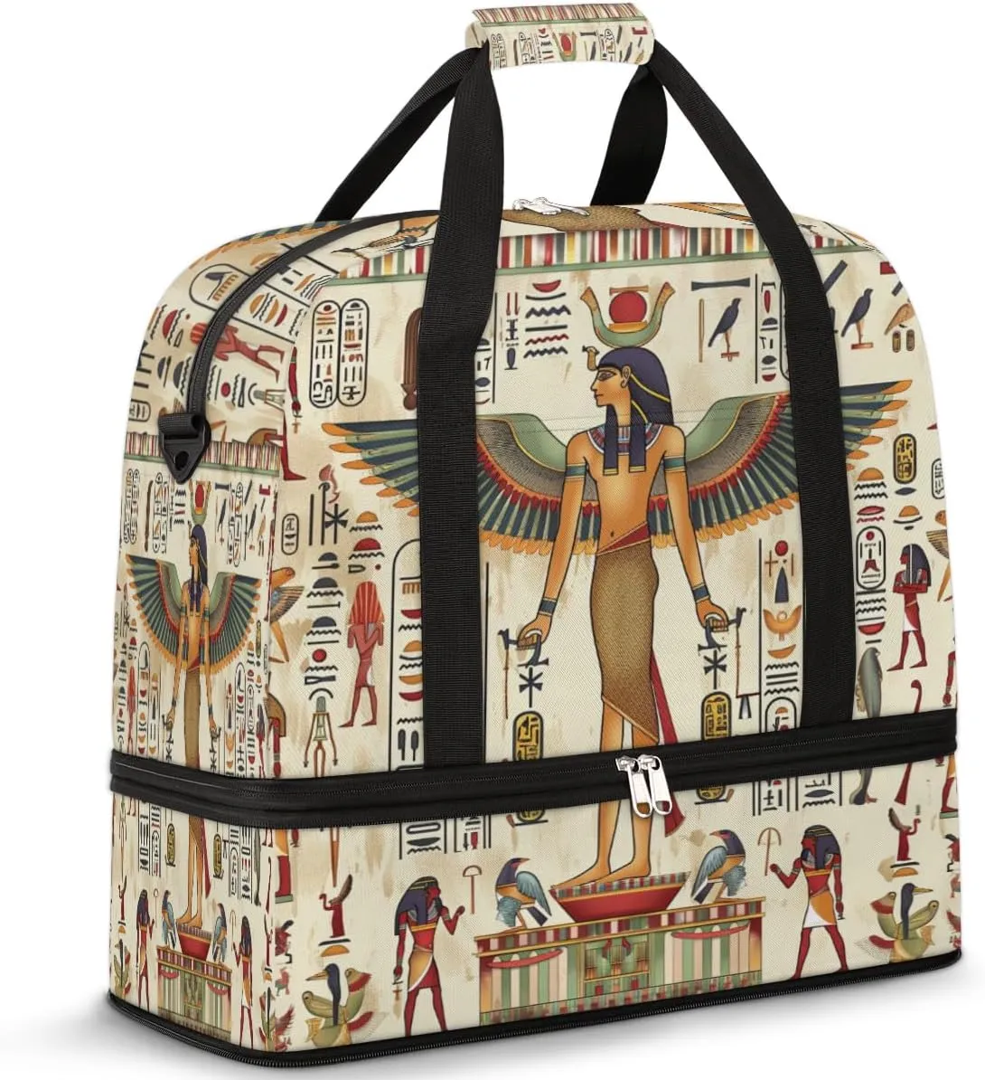 Ancient Egypt Egyptian Travel Duffel Bag for Women Men, Ethnic Pattern Sports Gym Bag with Shoes Compartment Foldable Overnight Bag Weekender Tote Workout Carry On Luggage Bag
