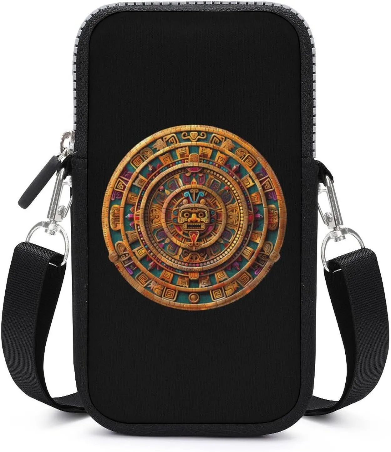 Ancient Mexican Calendar Crossbody Cell Phone Bag Sling Storage Holder Purse with Adjustable Strap for Women Men