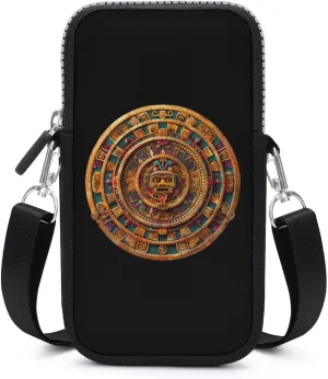 Ancient Mexican Calendar Crossbody Cell Phone Bag Sling Storage Holder Purse with Adjustable Strap for Women Men