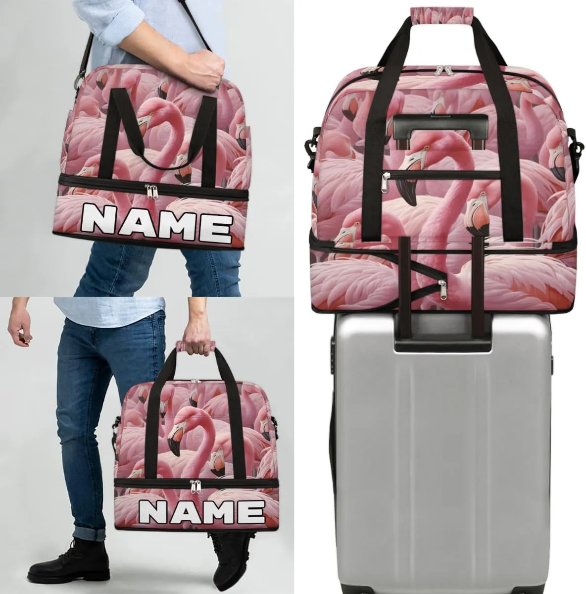 Animal Flamingo Custom Foldable Duffle Bag with Shoes Compartment Personalized Large Capacity Waterproof Travel Weekender Bag Overnight Bag for Sports Gym