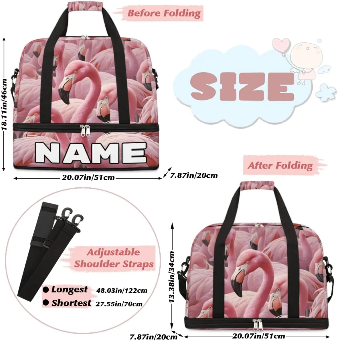 Animal Flamingo Custom Foldable Duffle Bag with Shoes Compartment Personalized Large Capacity Waterproof Travel Weekender Bag Overnight Bag for Sports Gym