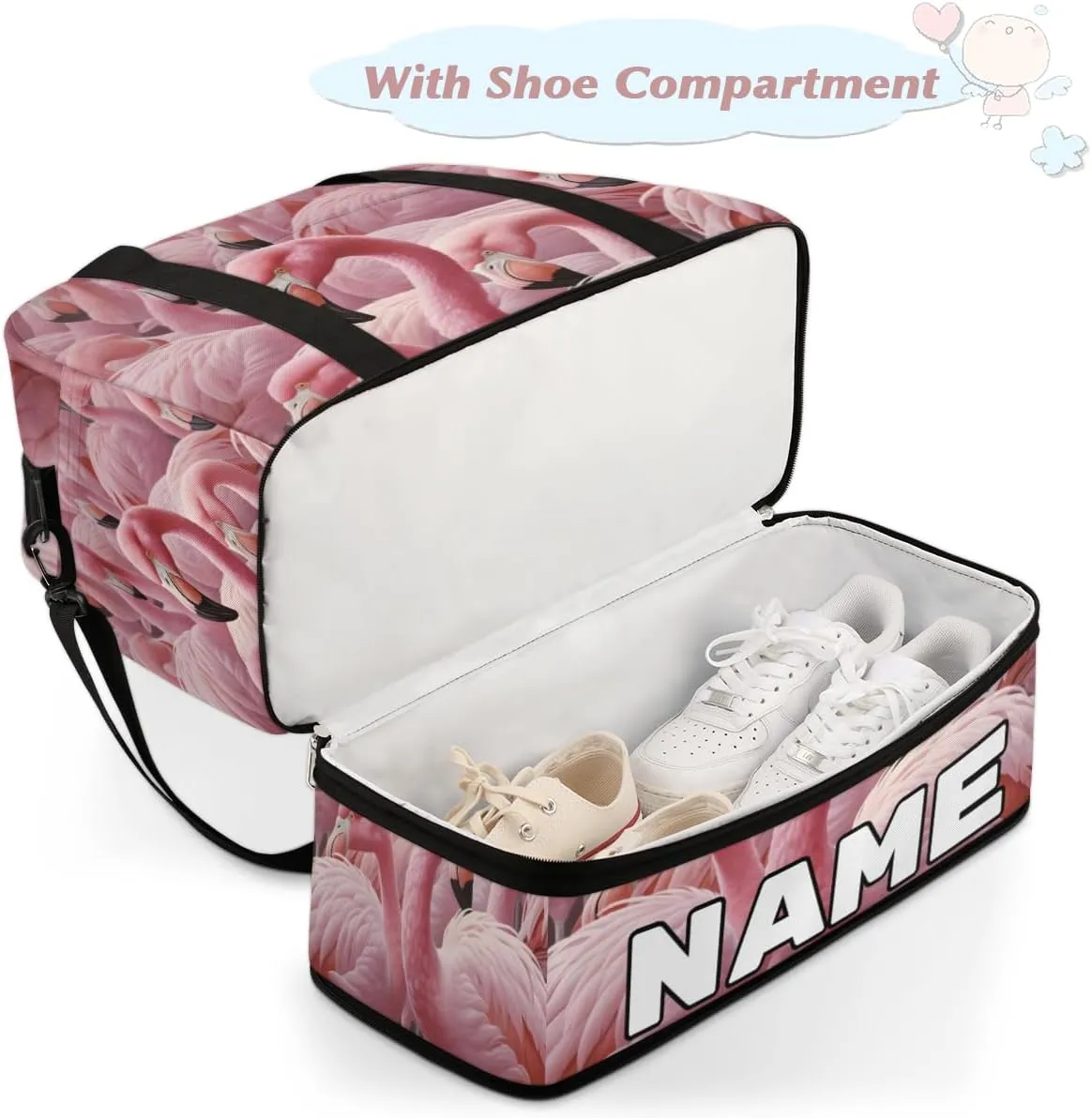 Animal Flamingo Custom Foldable Duffle Bag with Shoes Compartment Personalized Large Capacity Waterproof Travel Weekender Bag Overnight Bag for Sports Gym