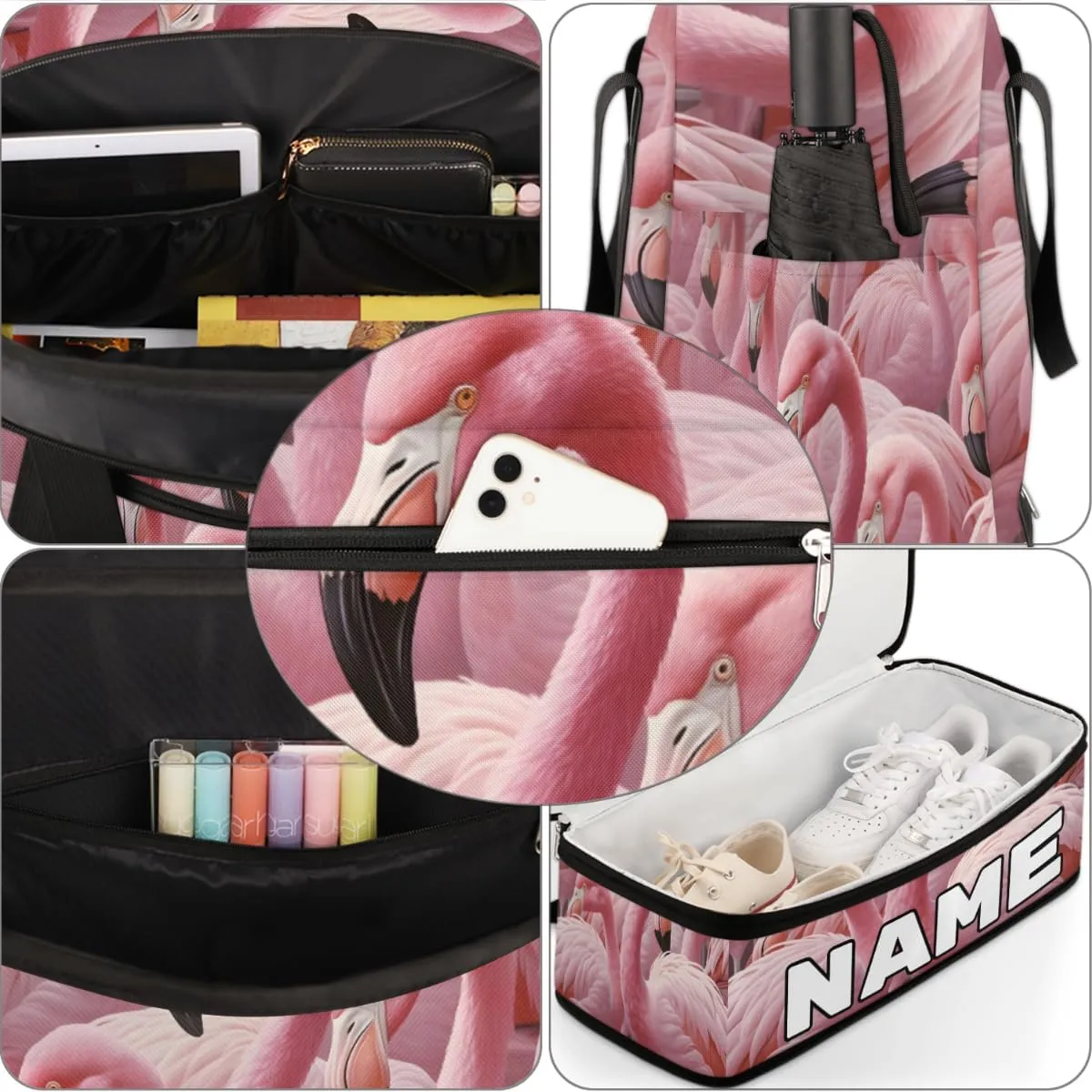 Animal Flamingo Custom Foldable Duffle Bag with Shoes Compartment Personalized Large Capacity Waterproof Travel Weekender Bag Overnight Bag for Sports Gym