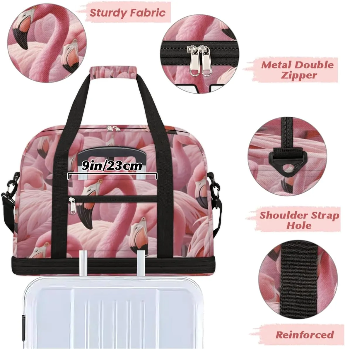 Animal Flamingo Custom Foldable Duffle Bag with Shoes Compartment Personalized Large Capacity Waterproof Travel Weekender Bag Overnight Bag for Sports Gym
