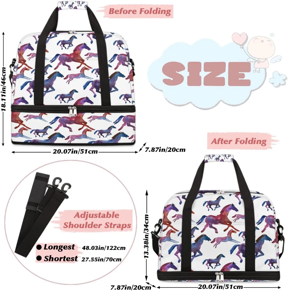 Animal Handsome Horse Sports Tote Gym Bag with Wet Pocket Shoe Compartment Waterproof Travel Bag Weekender Overnight Bag Carry On Bag Travel Duffel Bag for Men or Women