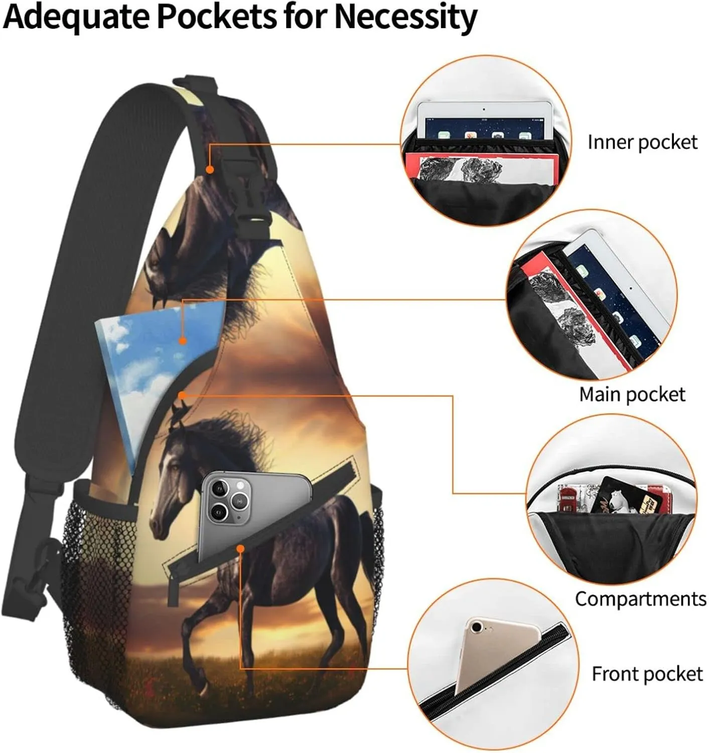 Animal Horse Outdoor Cross-body Shoulder Bag, Unisex Backpack For Women Men Young Hiking Travel