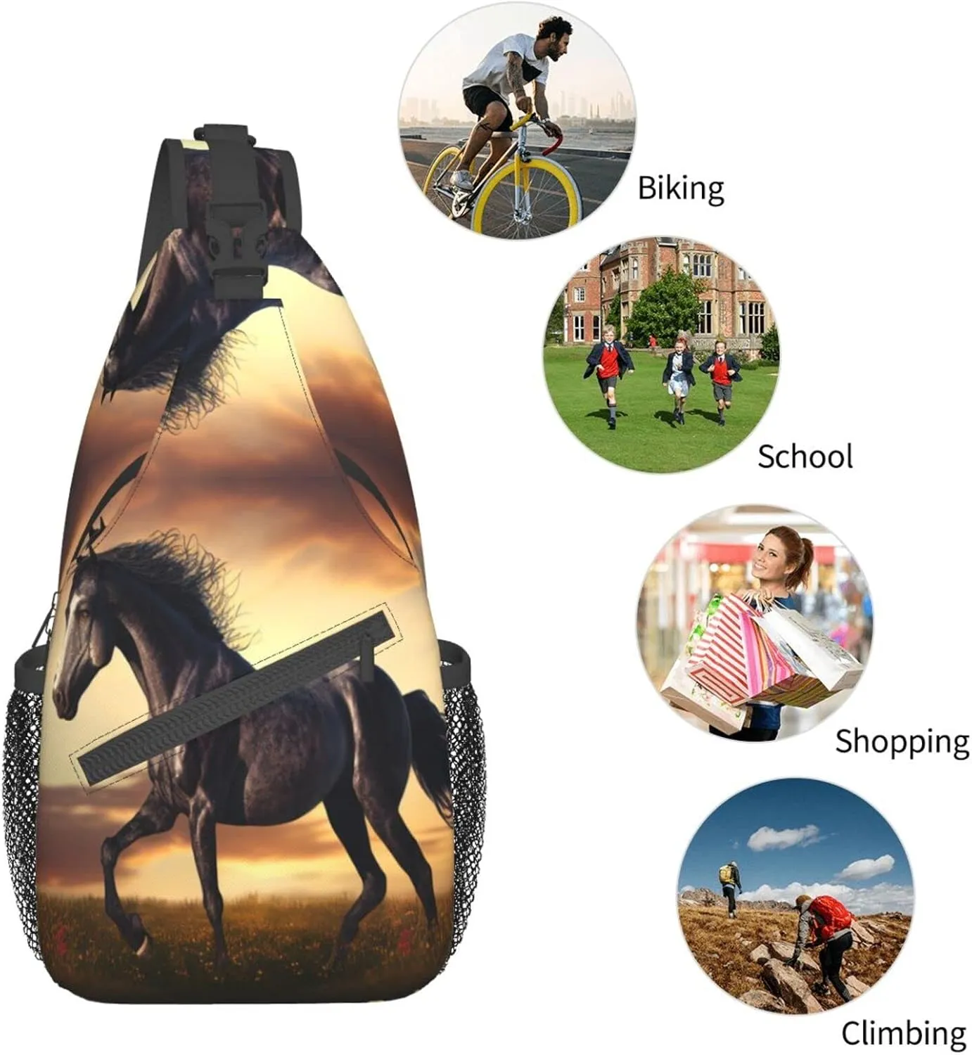 Animal Horse Outdoor Cross-body Shoulder Bag, Unisex Backpack For Women Men Young Hiking Travel