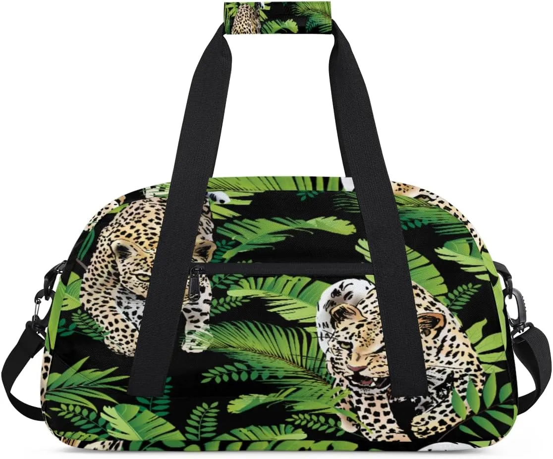 Animal Leopards Gym Duffel Bag for Men Women Tropical Leaves Sports Tote Bag with Adjustable Shoulder Strap for Dance Gymnastics Traveling Outdoor Camping Overnight Stay