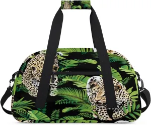 Animal Leopards Gym Duffel Bag for Men Women Tropical Leaves Sports Tote Bag with Adjustable Shoulder Strap for Dance Gymnastics Traveling Outdoor Camping Overnight Stay