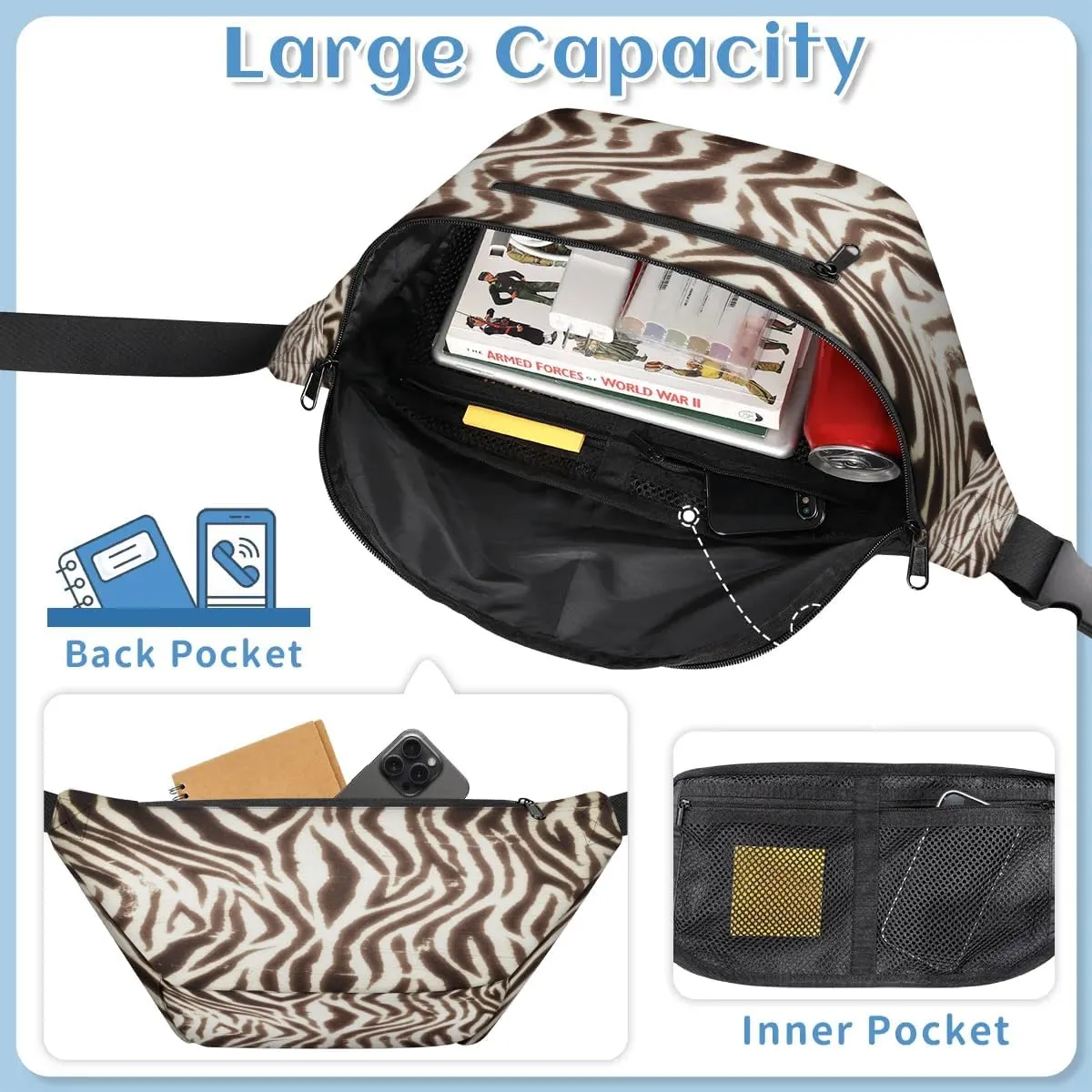 Animal Zebra Paint Crossbody Sling Bag for Women Men Crossbody Backpack with 4 Zipper Pockets Fanny Pack Shoulder Casual Daypack for Travel Running Hiking Cycling