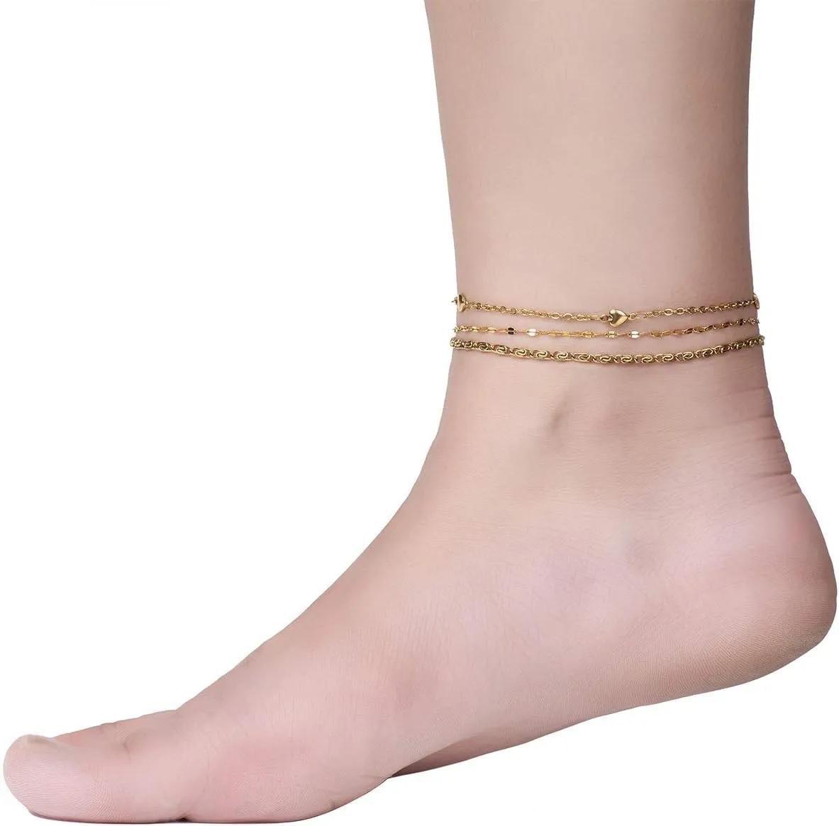 Ankle Bracelet for Women, Stainless Steel Anklets Set 8.2" 2" Adjustable Waterproof Foot Chain Jewelry Gift