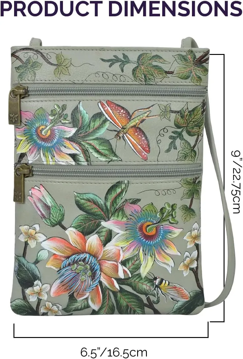 Anuschka Women’s Hand Painted Genuine Leather Mini Double Zip Travel Crossbody - Magnetic Closure, ID Holder & Optical Case