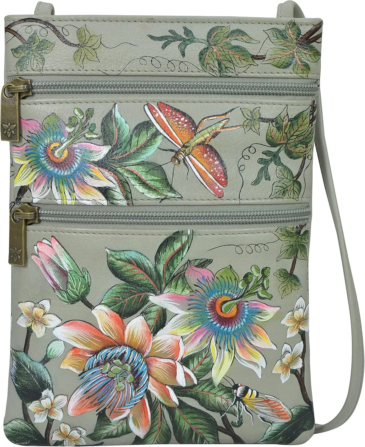 Anuschka Women’s Hand Painted Genuine Leather Mini Double Zip Travel Crossbody - Magnetic Closure, ID Holder & Optical Case