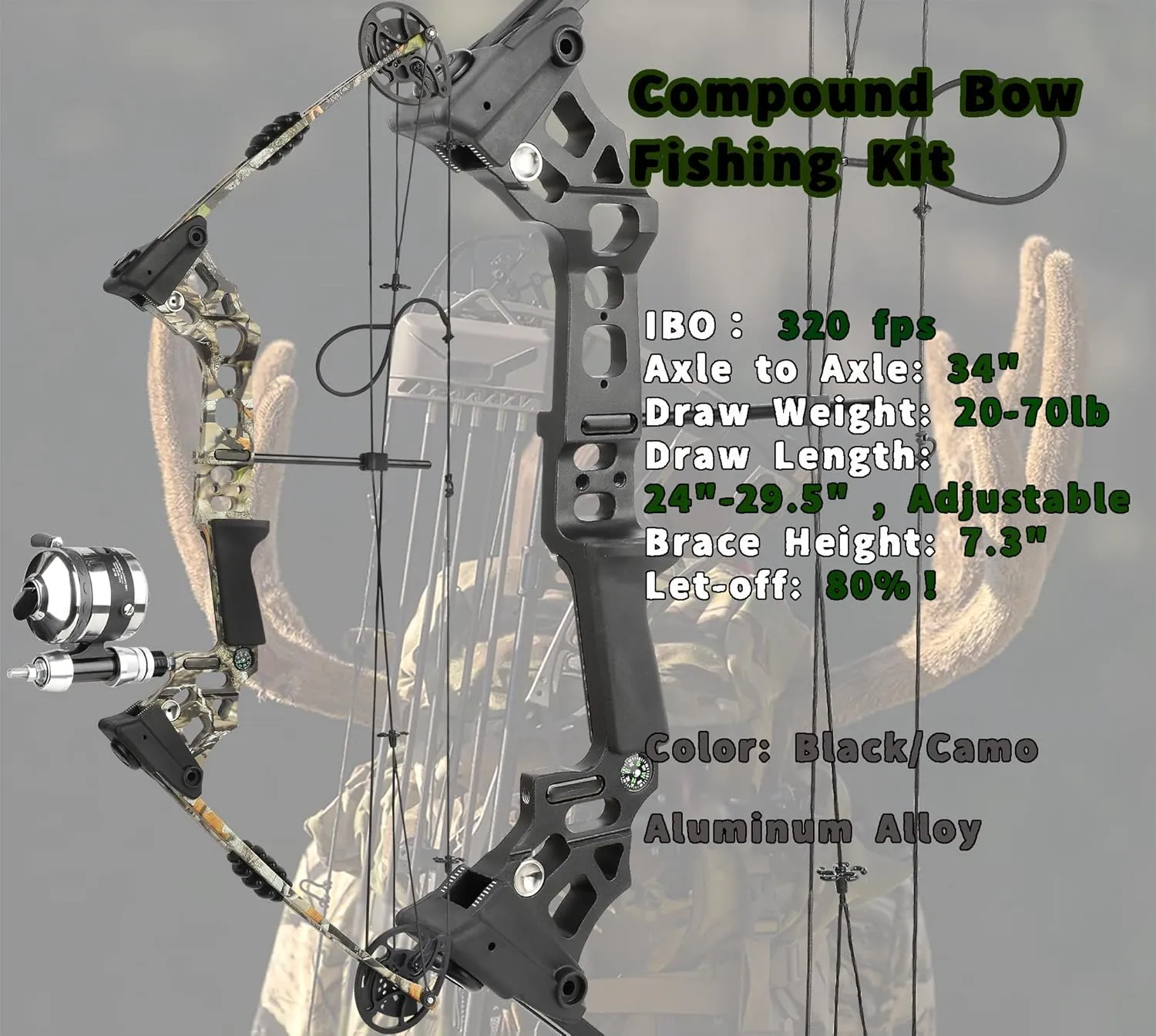 Archery Compound Bow Bowfishing Kit 20-70lbs Hunting Bow with Bowfishing Reel, Bow Fishing Arrows Right & Left Handed for Adult/Youth Bow Fishing Hunting Target Shooting