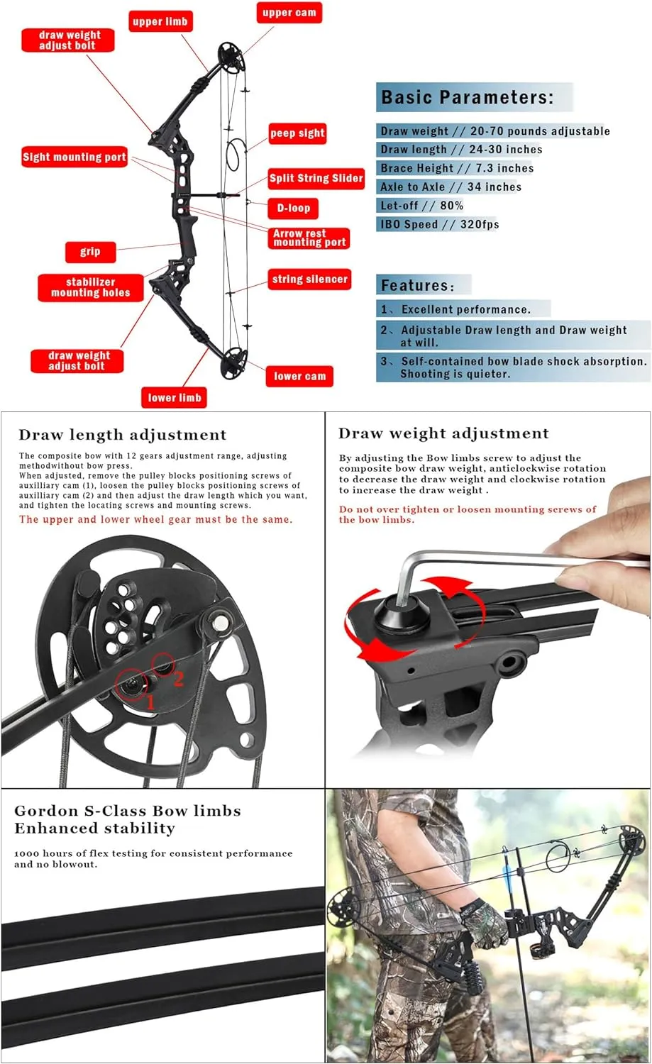 Archery Compound Bow Bowfishing Kit 20-70lbs Hunting Bow with Bowfishing Reel, Bow Fishing Arrows Right & Left Handed for Adult/Youth Bow Fishing Hunting Target Shooting