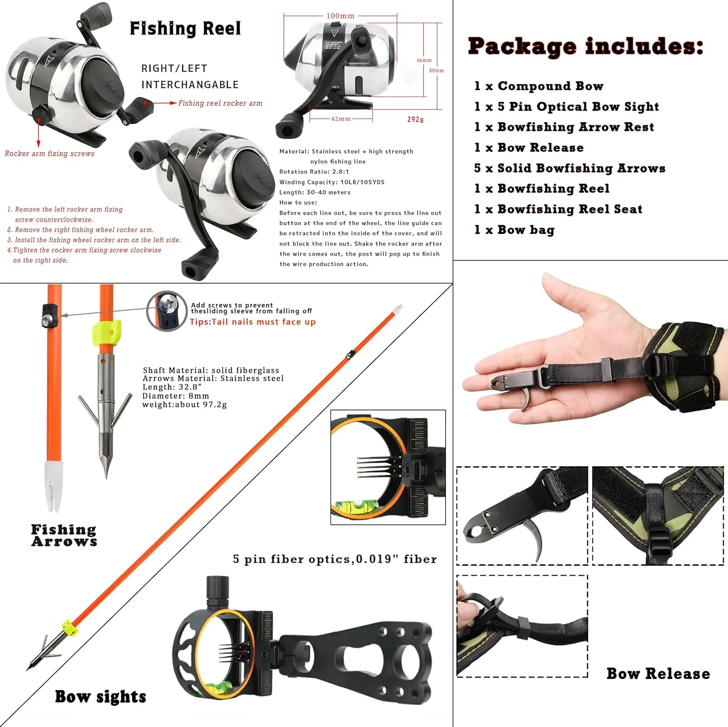 Archery Compound Bow Bowfishing Kit 20-70lbs Hunting Bow with Bowfishing Reel, Bow Fishing Arrows Right & Left Handed for Adult/Youth Bow Fishing Hunting Target Shooting