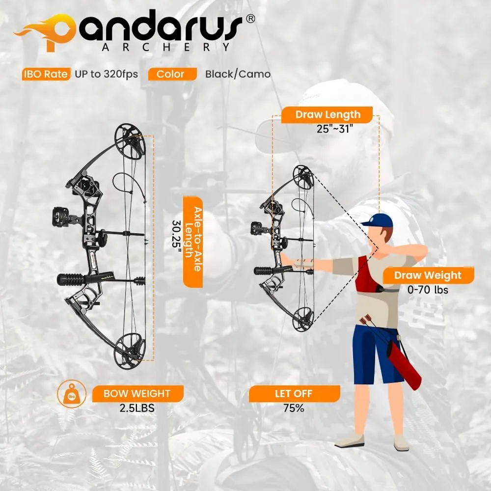 Archery Ready to Hunt Compound Bow Package for Adults and Teens,25"-31" Draw Length,0-70 Lbs Draw Weight Adjustable,up to 320 fps,Made in USA,Lightweight Design P3 Bow,2025 New