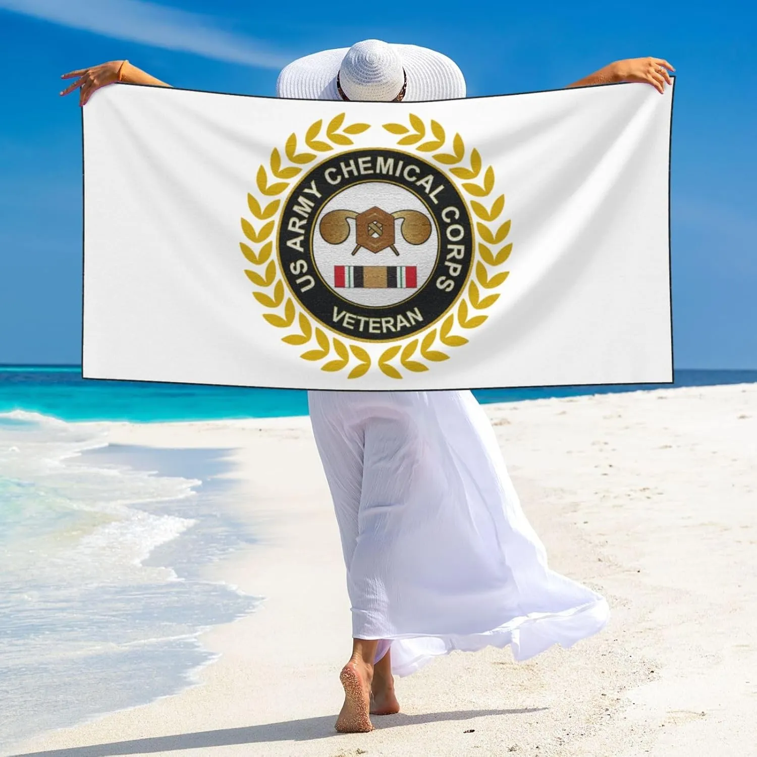 Army Veteran Chemical Corps Beach Towel 27.5x55 Inches - Ultra Soft Quick Dry Sand Towel, Lightweight Large Bath Towel for Pool, Summer, Travel