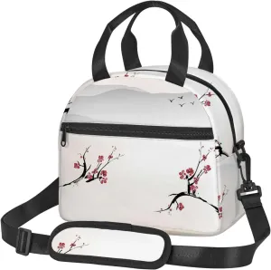 Asian Theme,Insulated Reusable Lunch Bag Adult Large Lunch Box for Women and Men,Nature Cherry Flower Flying Gulls,Adjustable Shoulder Strap,Front Zipper Pocket,Beige Red Black