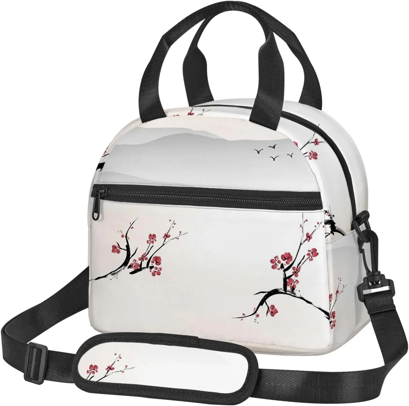 Asian Theme,Insulated Reusable Lunch Bag Adult Large Lunch Box for Women and Men,Nature Cherry Flower Flying Gulls,Adjustable Shoulder Strap,Front Zipper Pocket,Beige Red Black