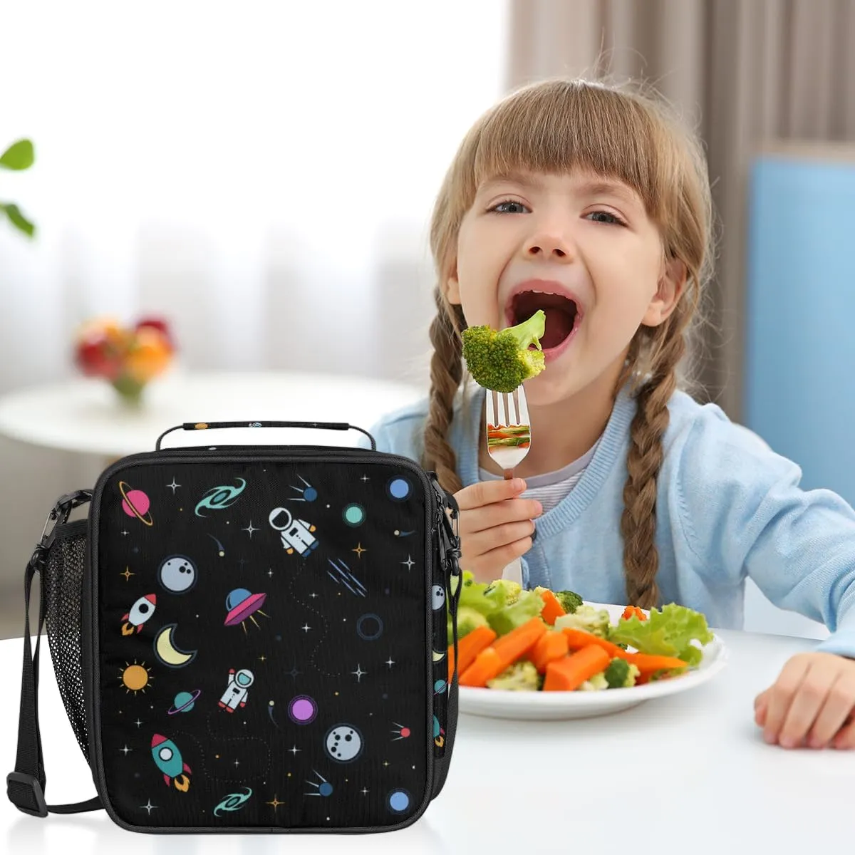 Astronaut Universe Starry Sky Cartoon Kids Insulated Lunch Bag School Lunch Box, Reusable Lunch Containers for Girls & Boys with Handles, Carry On Spacious Lunchbox Small Cooler Zipper Tote Bags