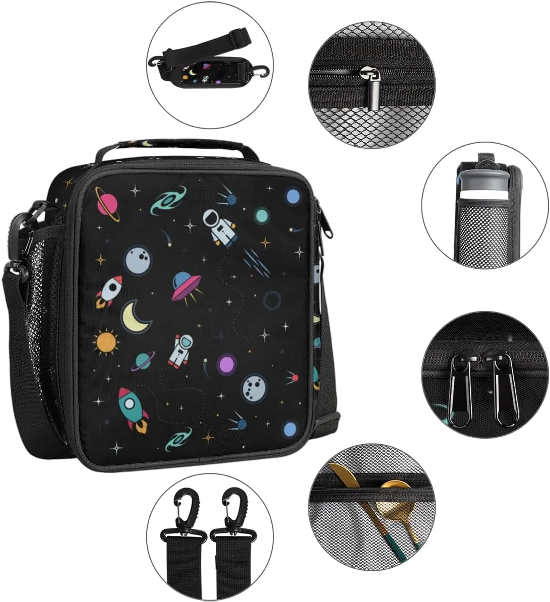 Astronaut Universe Starry Sky Cartoon Kids Insulated Lunch Bag School Lunch Box, Reusable Lunch Containers for Girls & Boys with Handles, Carry On Spacious Lunchbox Small Cooler Zipper Tote Bags