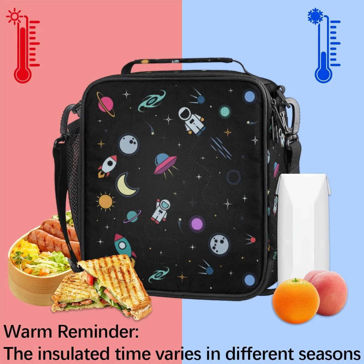 Astronaut Universe Starry Sky Cartoon Kids Insulated Lunch Bag School Lunch Box, Reusable Lunch Containers for Girls & Boys with Handles, Carry On Spacious Lunchbox Small Cooler Zipper Tote Bags