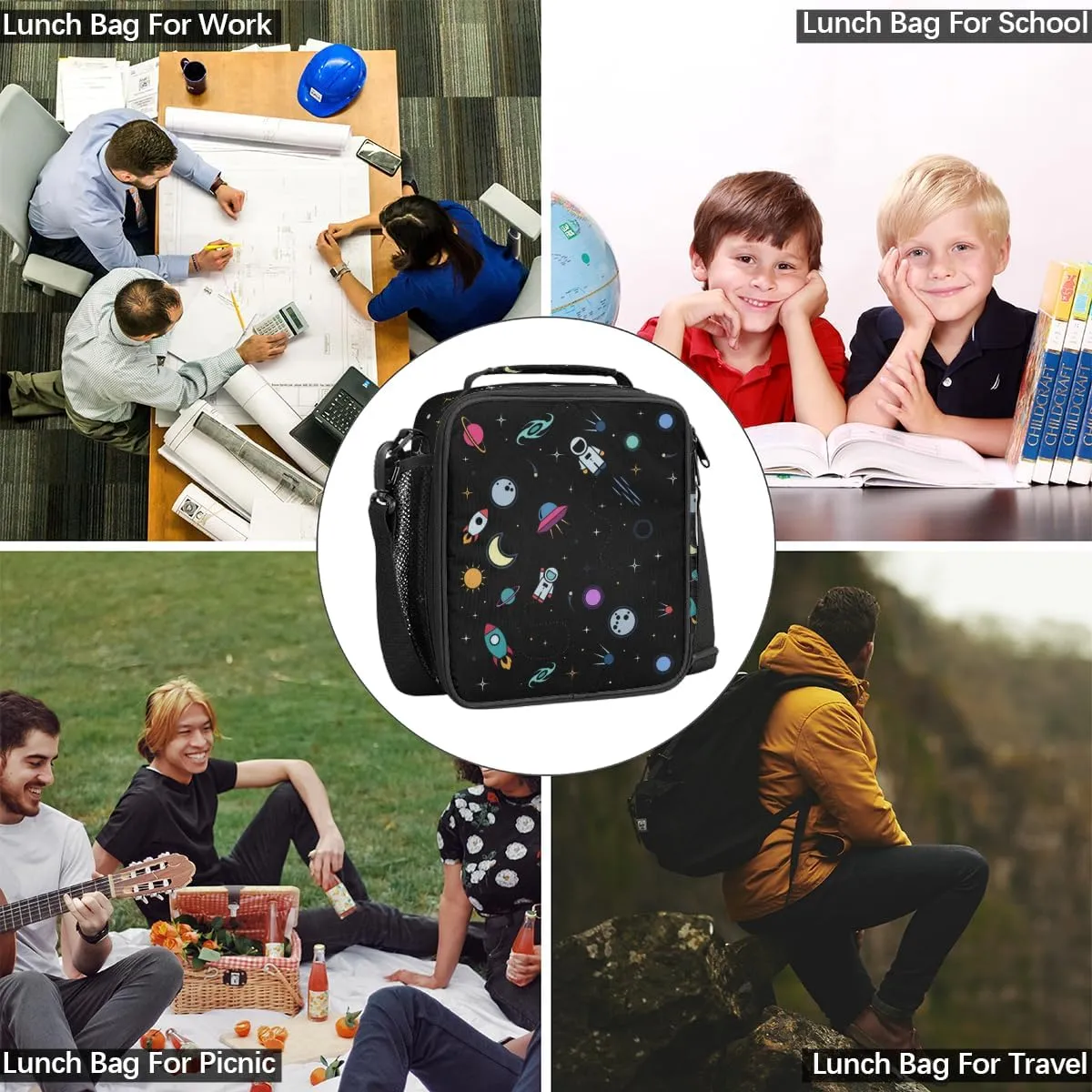 Astronaut Universe Starry Sky Cartoon Kids Insulated Lunch Bag School Lunch Box, Reusable Lunch Containers for Girls & Boys with Handles, Carry On Spacious Lunchbox Small Cooler Zipper Tote Bags