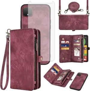 Asuwish Phone Case for Google Pixel 4 XL Zipper Wallet Magnetic Detachable Cell Cover with Tempered Glass Screen Protector Crossbody Lanyard Strap Flip Card Holder Pixle 4XL Pixel4XL 4LX LX Women Red