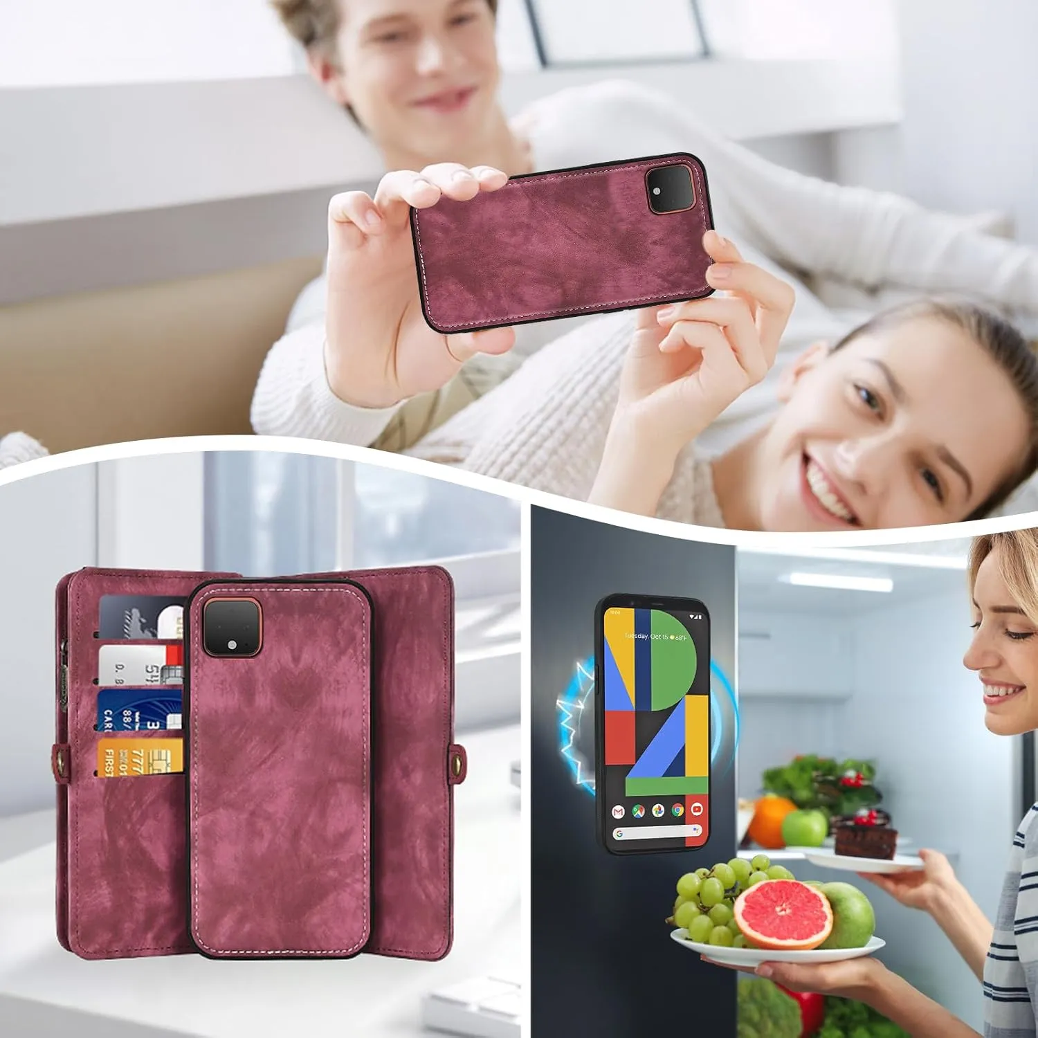 Asuwish Phone Case for Google Pixel 4 XL Zipper Wallet Magnetic Detachable Cell Cover with Tempered Glass Screen Protector Crossbody Lanyard Strap Flip Card Holder Pixle 4XL Pixel4XL 4LX LX Women Red